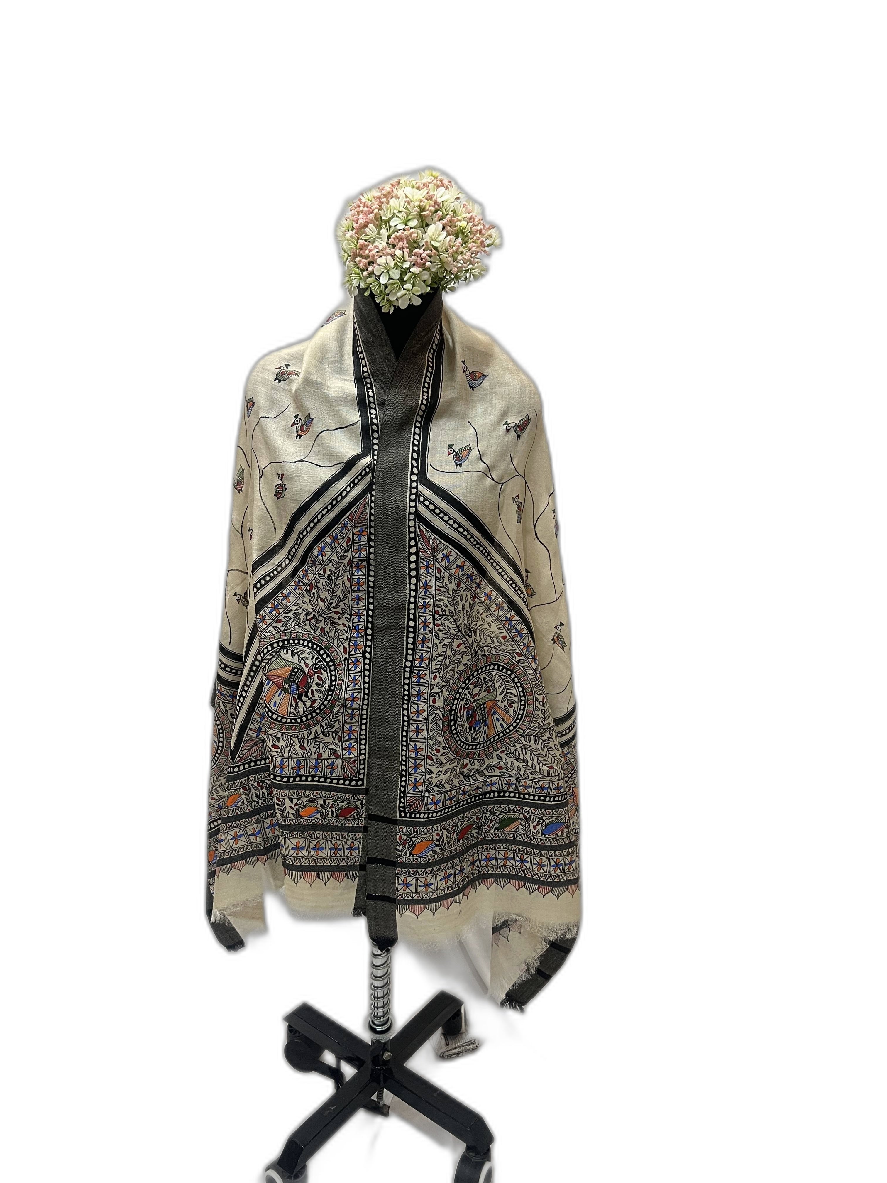 Handpainted Madhubani Tussar Munga Silk Stole with Black Weaved Border